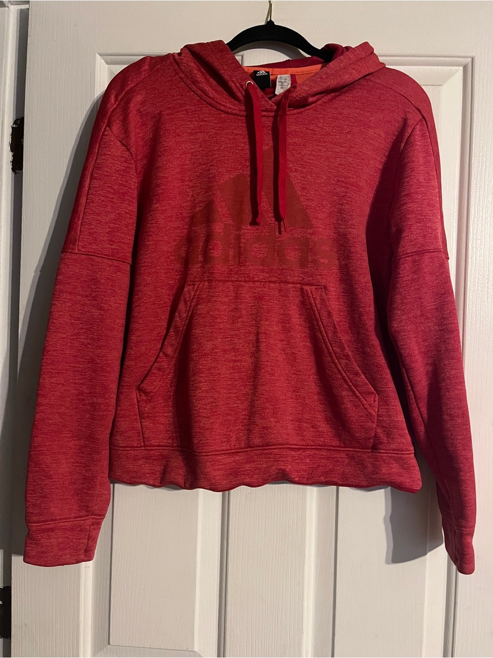 Red Adidas hoodie with large logo, size L #athletic #sporty